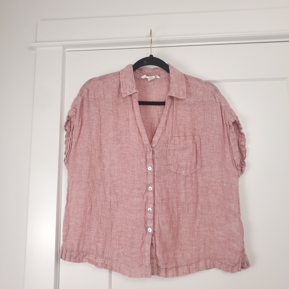 100% Linen Short Sleeve Button Down Top Womens Medium Pink Pastel C&C California